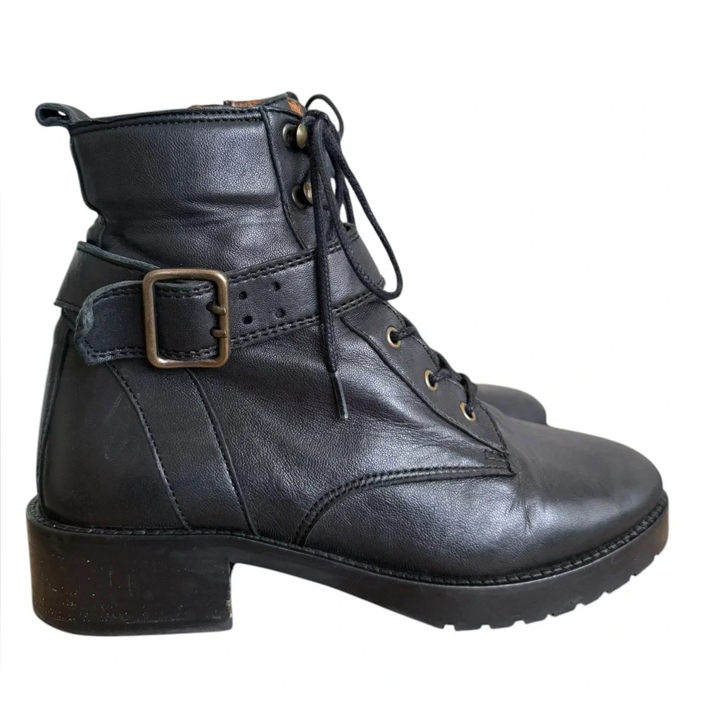 Sezane Black Leather Lace-Up Ankle Boots with Buckle
